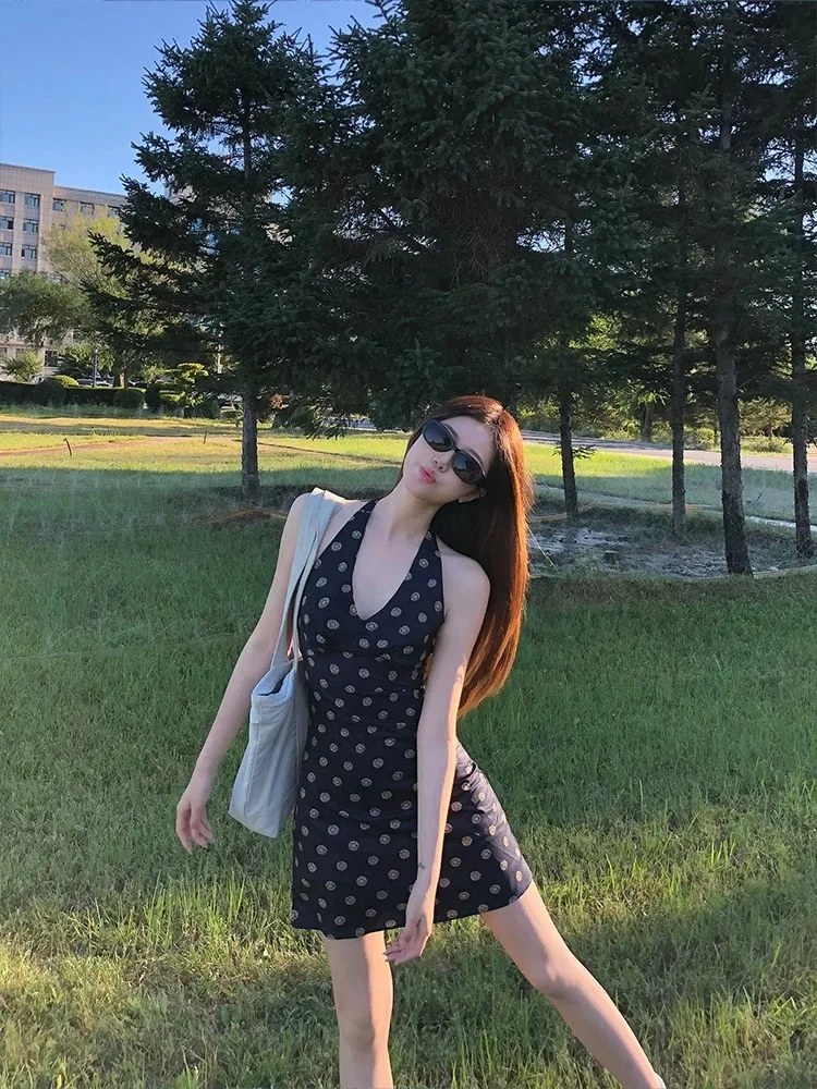Sweet And Spicy Neck Hanging Backless Dress Women's Summer College Style Short Sleeveless V-neck Vest  Skirt