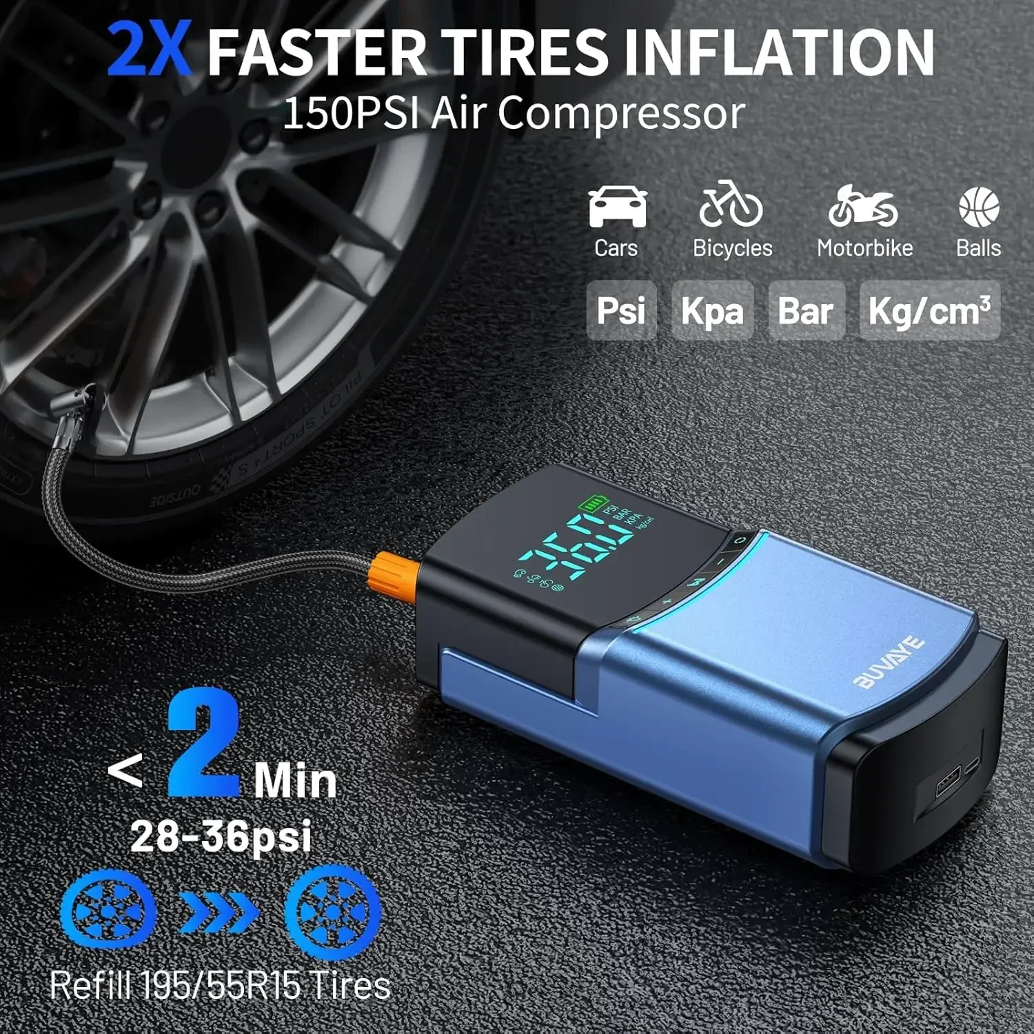 BUVAYE 4 in 1 Car Jump Starter Air Pump 150PSI Tyre Compressor 2000A Starter Device 10000mAh Power bank Digital Inflatable Pump