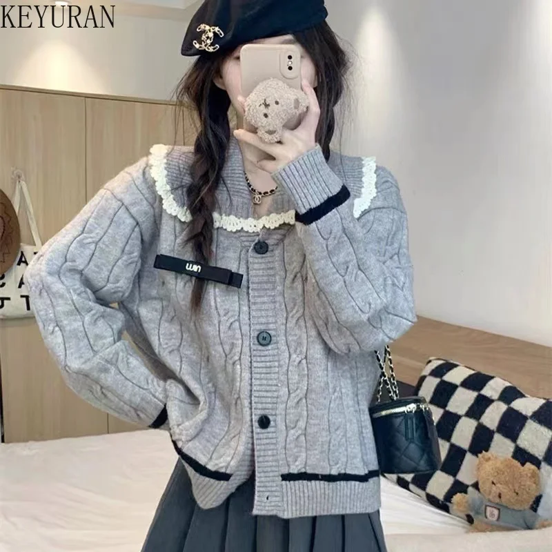 

2023 Autumn Winter Knitted Cardigan Oversized Sweater Women Vintage Gary Peter Pan Collar Loose Sweaters Coat Soft Knitwear Tops