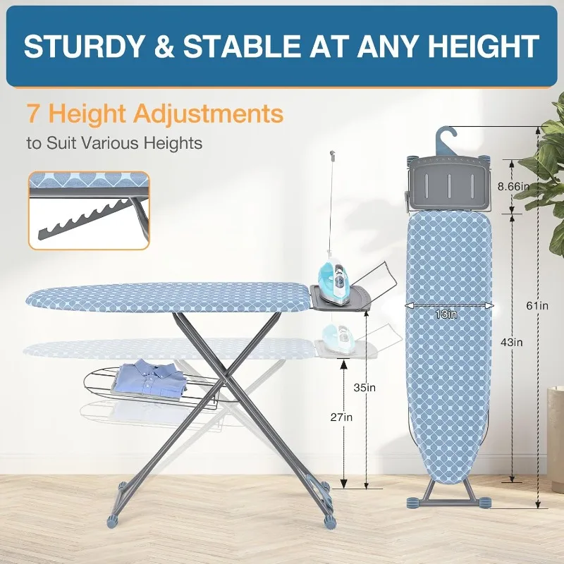 Ironing Board, Extra Wide Iron Board with Bottom Storage Tray, Space Saver Boards Rest, Cord Holder, 7 Adjustable Height