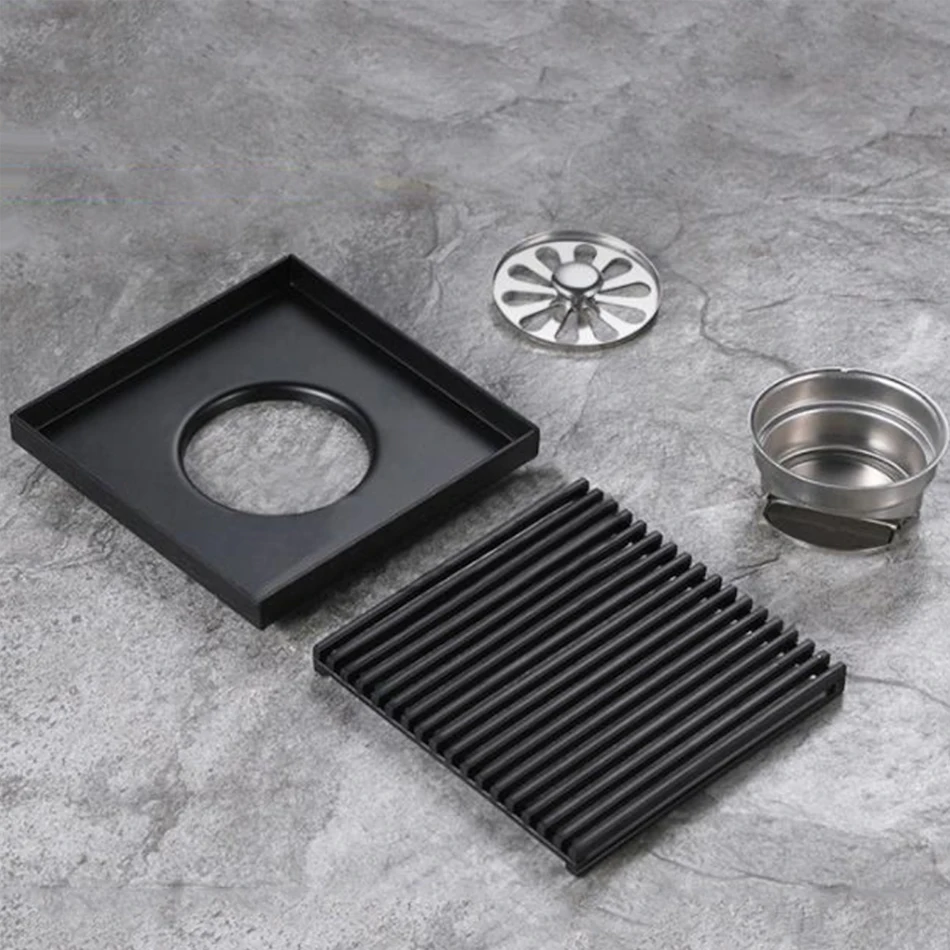 Matt Black Floor Drain 304 Stainless Steel Brushed Square Anti-odor Bathroom Shower Drainage Floor Drains Cover 10/12/15/20cm