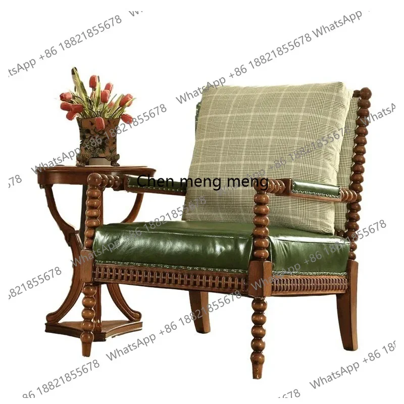 

American country solid wood leather fabric sofa chair single living room negotiation chair retro bedroom leisure chair