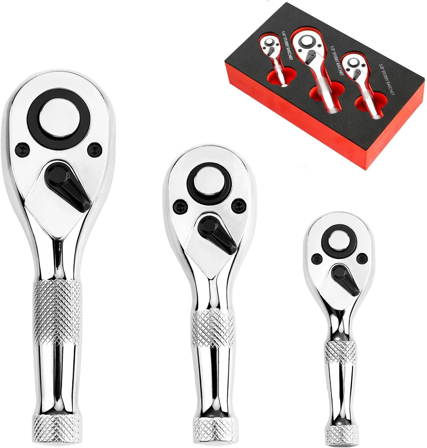 3PCS Quick-Release Reversible Head 72-Tooth 1/4 3/8 1/2 Inch Drive Stubby Ratchet Set Full Polished Mini Small Ratchet Head