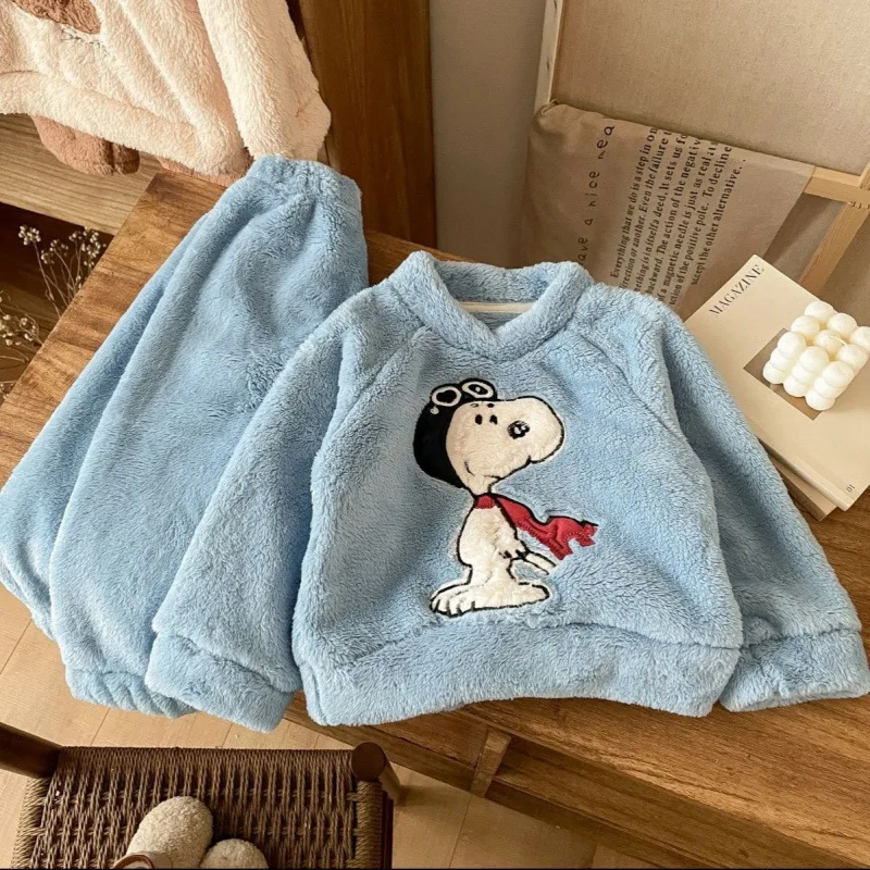 Peanuts Snoopy Children's Wool Pajama Set Soft Plush Long Sleeve Top Brown Pants Warm Cartoon Cute Pajamas Children's Winter New