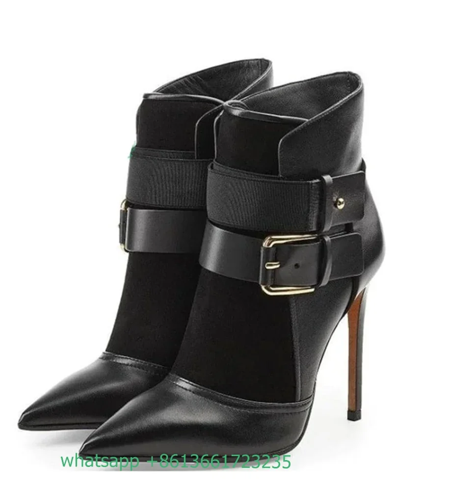 

Leather Suede Splicing Boots Black Buckle Strap Pointed Toe Ankle Boots Stiletto Heels Women Fashion 2025 Spring New Boots