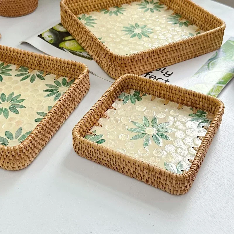 

Поднос для хранения из ротанга с тканой ракушкой, поднос для хранения закусок, фруктов, хлеба, чая, корзина для хранения мелочей, органайзер для настольного декора, тарелка для кухни