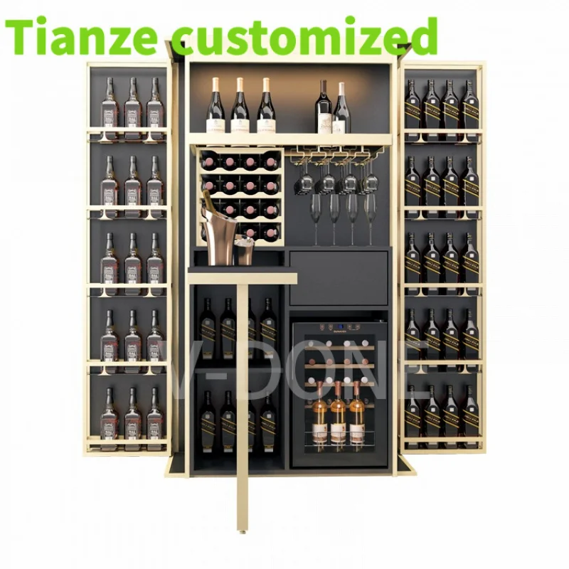 Customized-customized LED lighting high-end living room home bar glass showcase light luxury stainless steel wine display glass