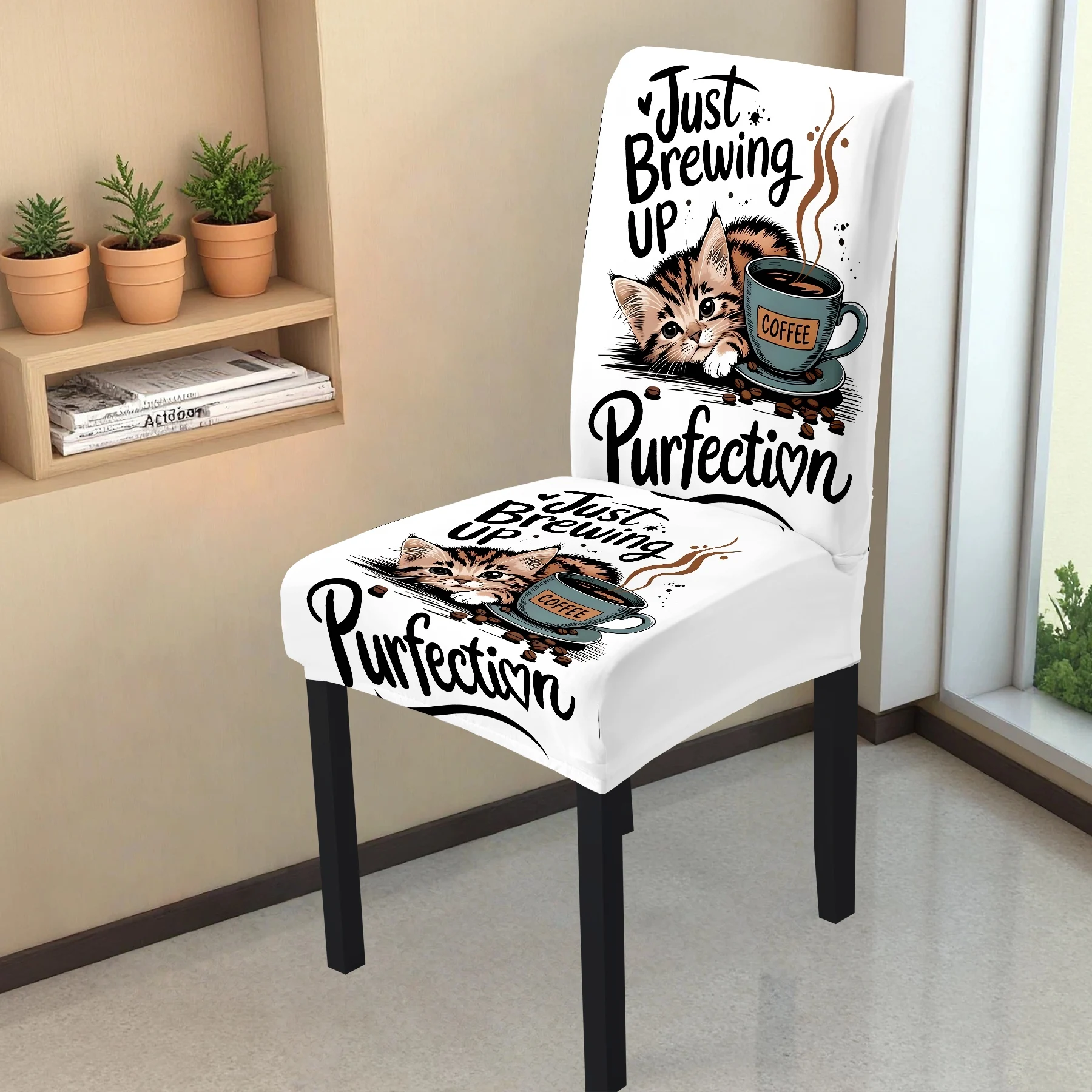 2026 New Elastic All - inclusive Chair Cover, Cute Cat & Coffee Print, 