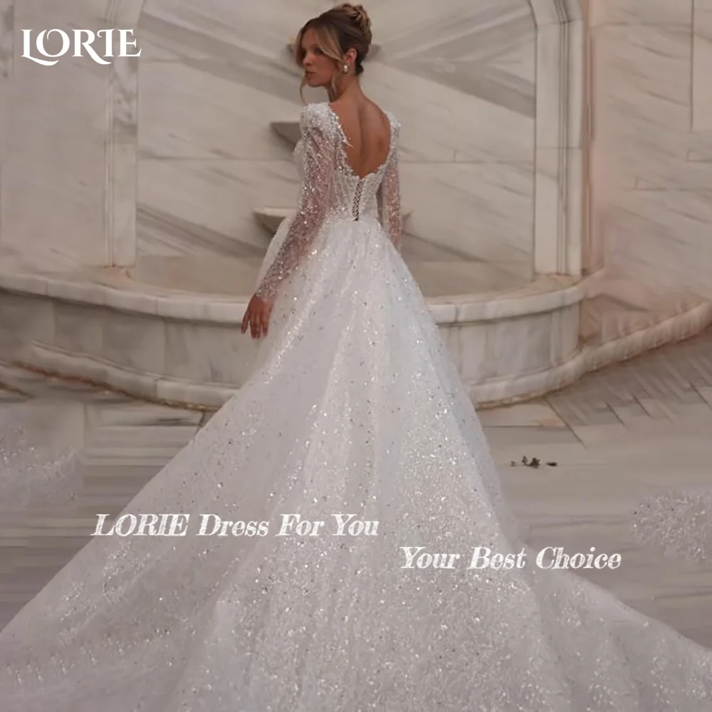 

LORIE Vintage Sparkly Wedding Dresses Puff Long Sleeve Shiny Bridal Gowns Sweetheart Elegant Backelss Bride Dress Customized