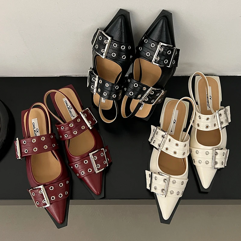 Women Flats Shoes 2024 Summer Spring Buckle Casual Female Luxury Sandals Shoes Fashion Pointed Toe Ladies Slingback Mules