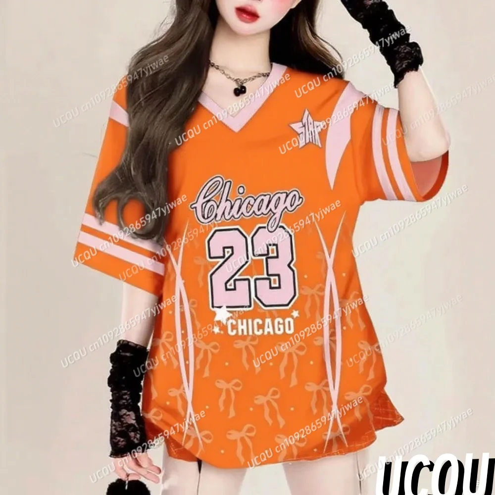 Zomer Vrouwen Nummer 23. CHICAGO Print V-hals Korte Mouw T-shirt Tee Baseball Jerseys Dagelijks Tops Vrouwelijke Tees Vrouwelijke Kleding