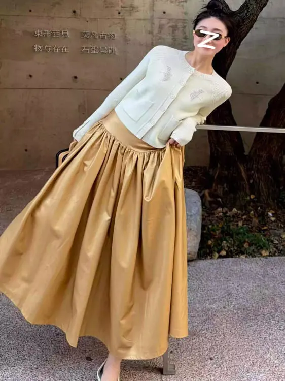 Retro Elegant Yellow Pleated Paneled Midi Skirt Women Spring Luxury Swing Umbrella A-line Skirt Office Versatile Commut Outfits