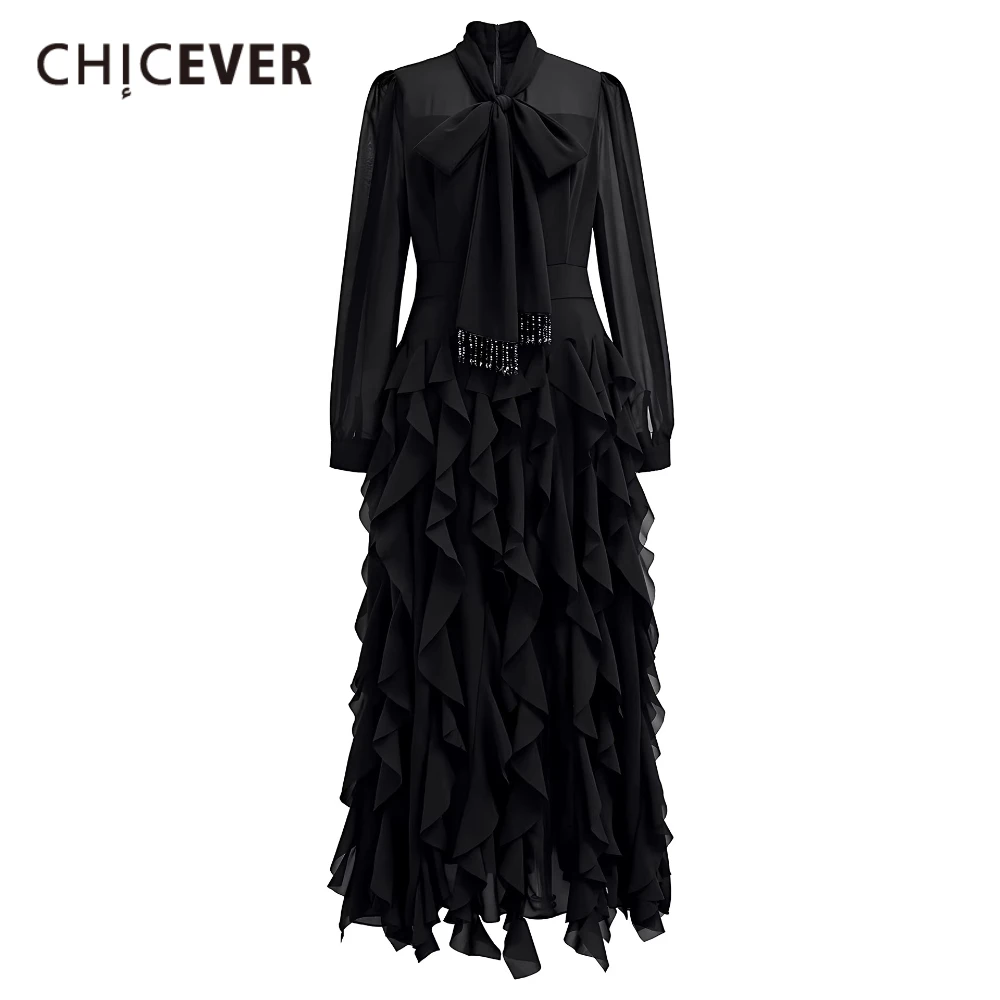 CHICEVER Solid Sheer Spliced Ruffles Elegant Dresses for Women Stand Neck Long Sleeves Tunic Patchwork Bowknot Dress Female New