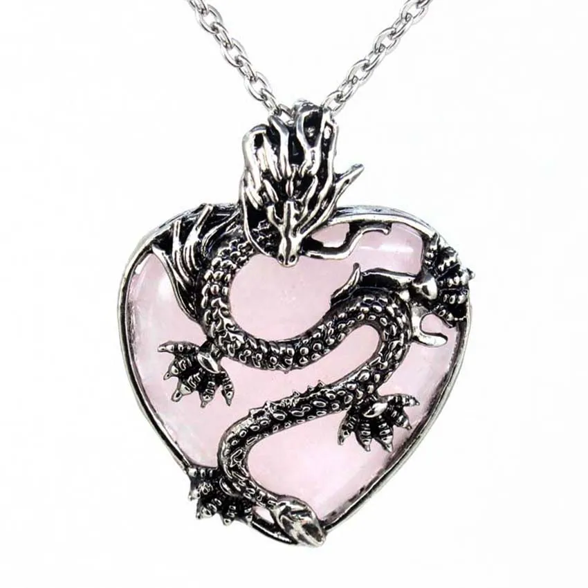 Vintage Animal Dragon Man Necklace Natural Stone Purple Crystal Heart Pendant for Women Amethysts Rose Pink Quartz Jewelry Gift