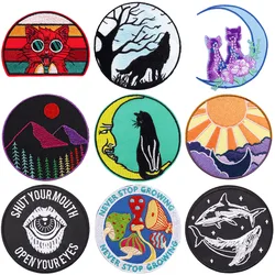 Cartoon Art Patches Mushroom Cat Moon Sun Iron on Cloth Sticker DIY Circular Chest Shoulder Badges Clothes Bags Hats Accessories