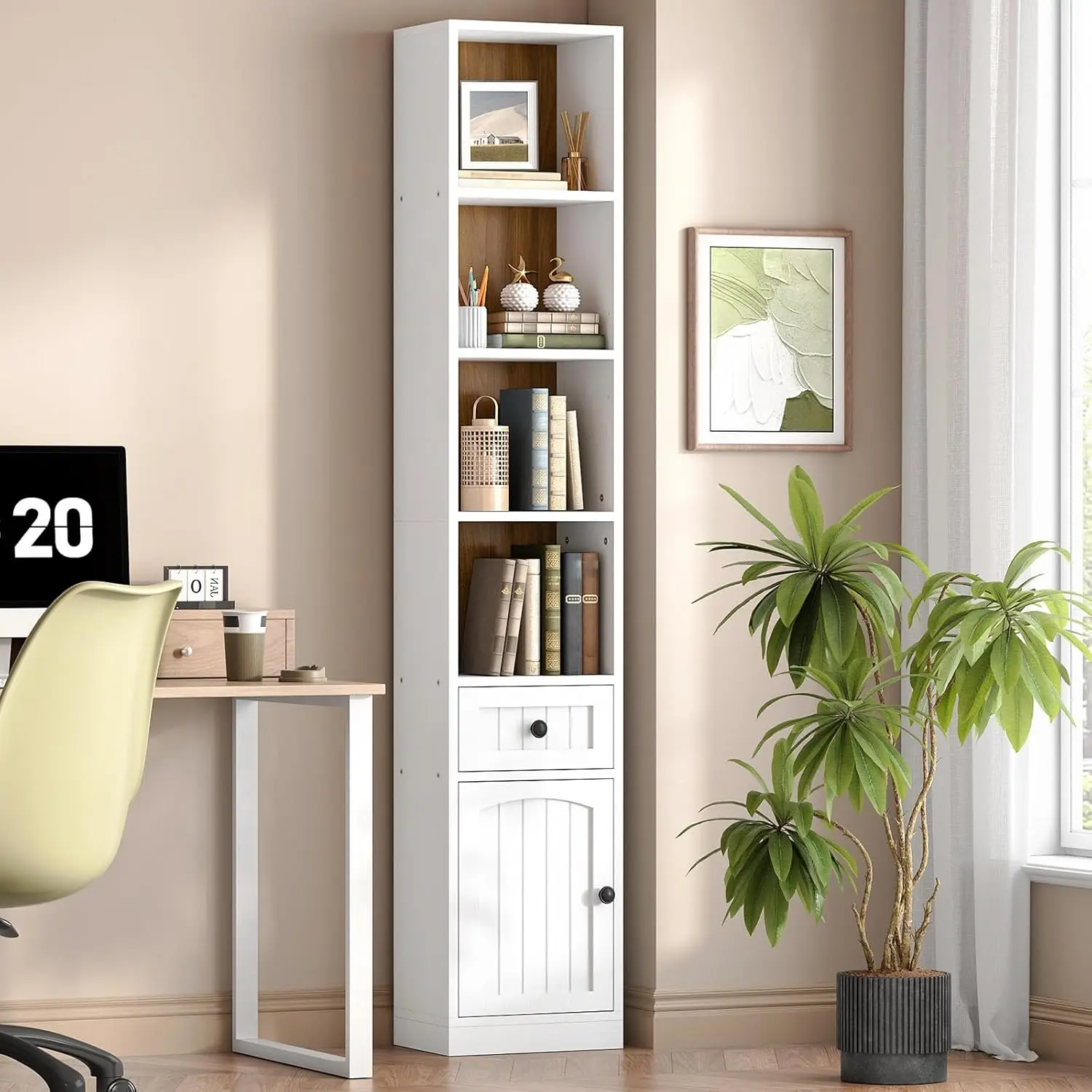 

70.9" Tall Narrow Bookcase Cabinet Adjustable Shelf Office Living Room Bedroom White Walnut, Customized