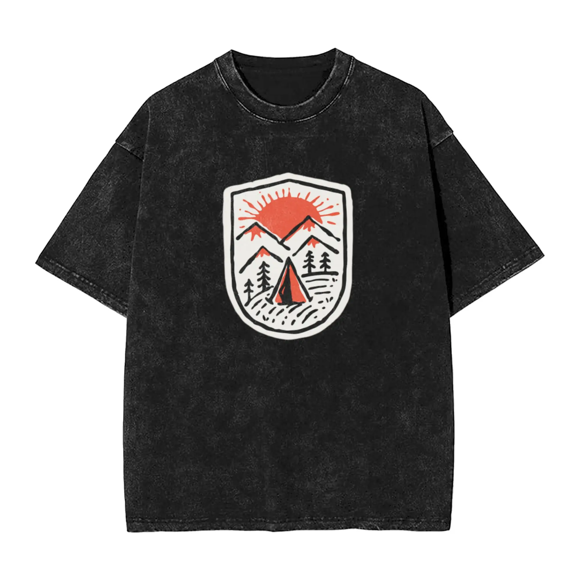 Sunset Camp Hand Drawn Unique Trendy A Washed T Shirt Men's Women's Oversized Cotton Tees Tops