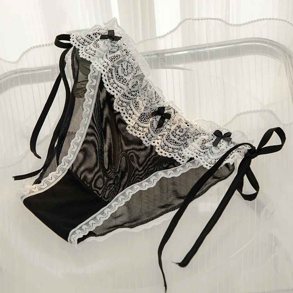 

Thin Low Waist Lace Panties Cotton Crotch Bow Lace-up Briefs Lingerie Mesh Lace Underwear Girl