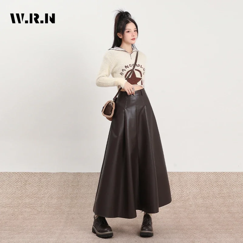 2023 Winter Motocycle Street Style Solid Color Retro Design Mid Long Skirts Women Casual High Waist Leather A-Line Skirt