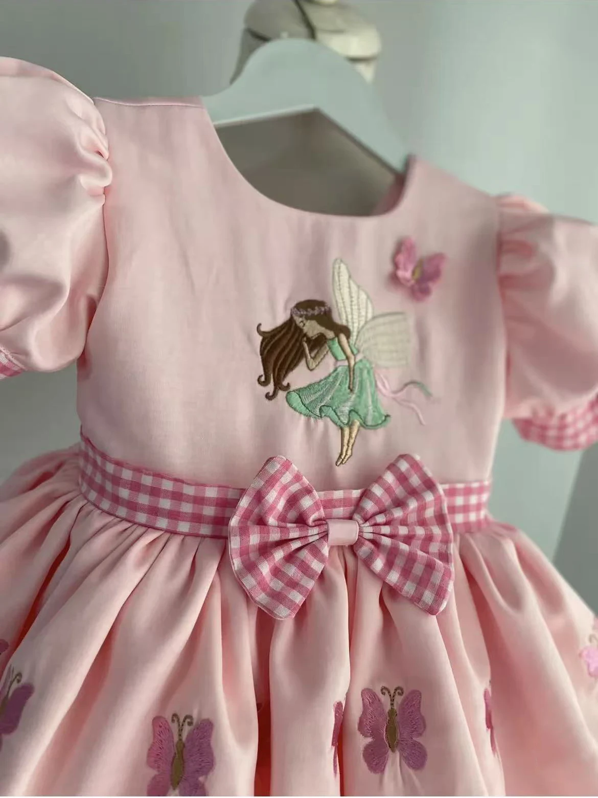 Summer Baby Girl Sweet Fairy Butterfly Embroidery Lace Pink Plaid Fluffy Dress For Casual Party Birthday Photograph B787