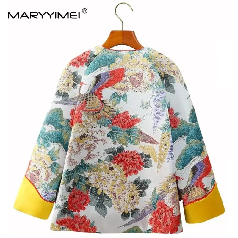 MARYYIMEI New Fashion Women's 2024 Spring New Chinese-Style Round Neck Phoenix Jacquard Long-Sleeved Brocade Patchwork Jacket