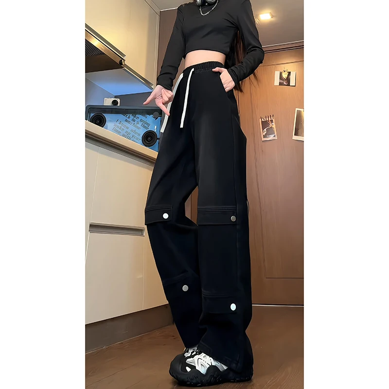 Men's Autumn Washed Denim Jeans Elastic Waist with Drawstring Straight Leg Rivet & Patchwork Design Casual Pants for Streetwear