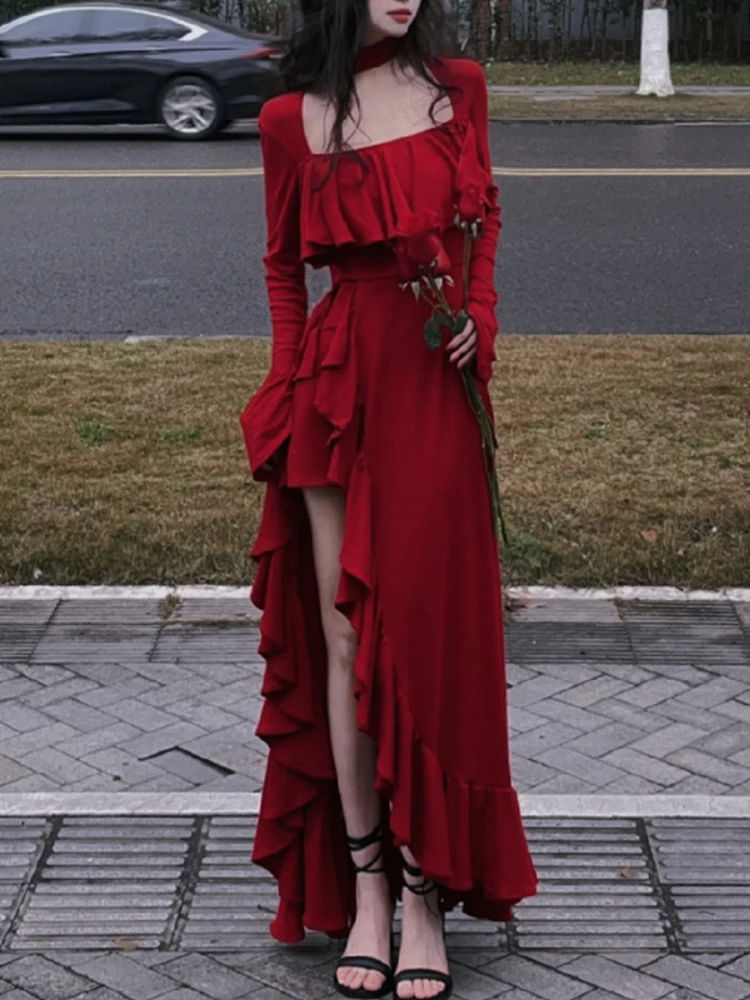 

Red Vintage Elegant One Piece Dress Women Ruffles Design Sweet Long Dresses Female Fashion Retro Princess Irregular Dress 2024