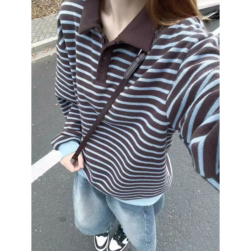 الكورية نمط Preppy طوق مخطط البلوز المرأة الخريف الرجعية تنوعا كتلة اللون فضفاضة عادية كم طويل سترة علوية