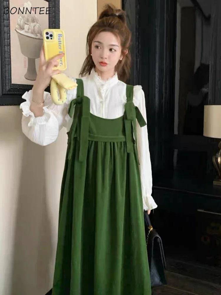 Corduroy Midi Dresses Women Baggy Vintage Bandage Design Tender Sweet Girls Japanese Style All-match Youthful Vestidos De Mujer
