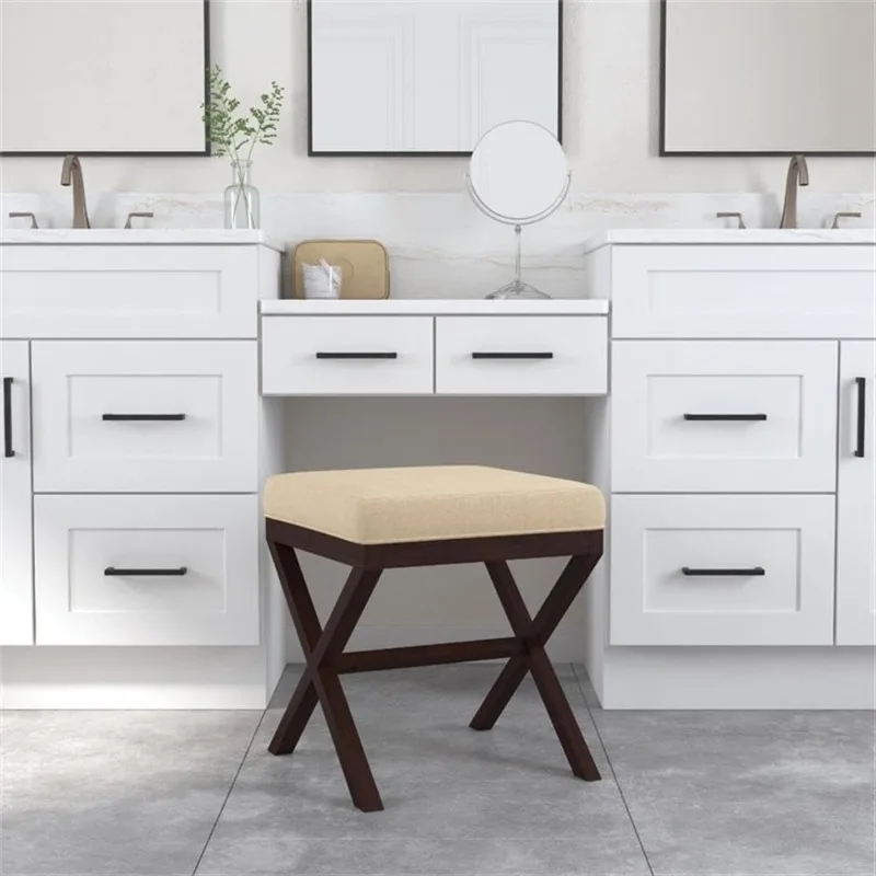 مقعد فاخر من Espresso Vanity - مقعد مبطن بدون ظهر لمحبي المكياج، مقعد غرفة الملابس متعدد الوظائف مع إطار معدني #1