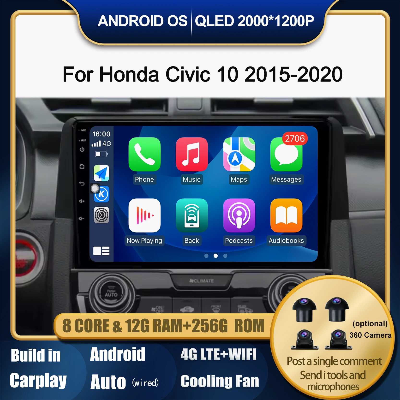 

Android 14 For Honda Civic 10 2015-2020 Carplay Monitors Smart Car System Multimedia Player GPS Navigation Tools Bluetooth 4G