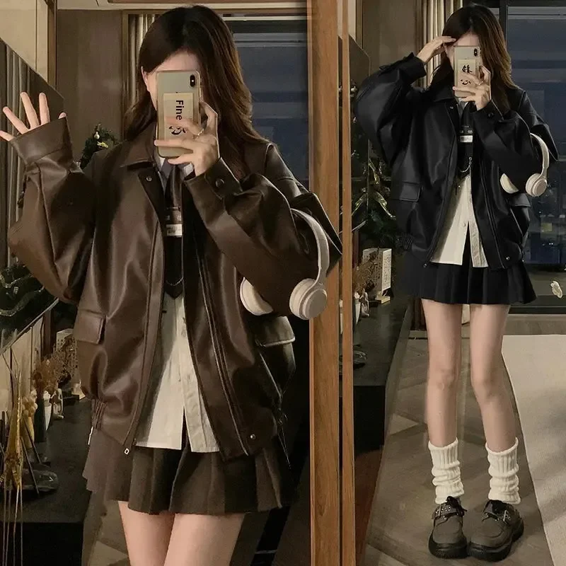 

Solid Color PU Leather Women's Jackets 2025 Autumn Winter New Turn Down Collar Motor Coats Casual Loose Versatile Outerwear