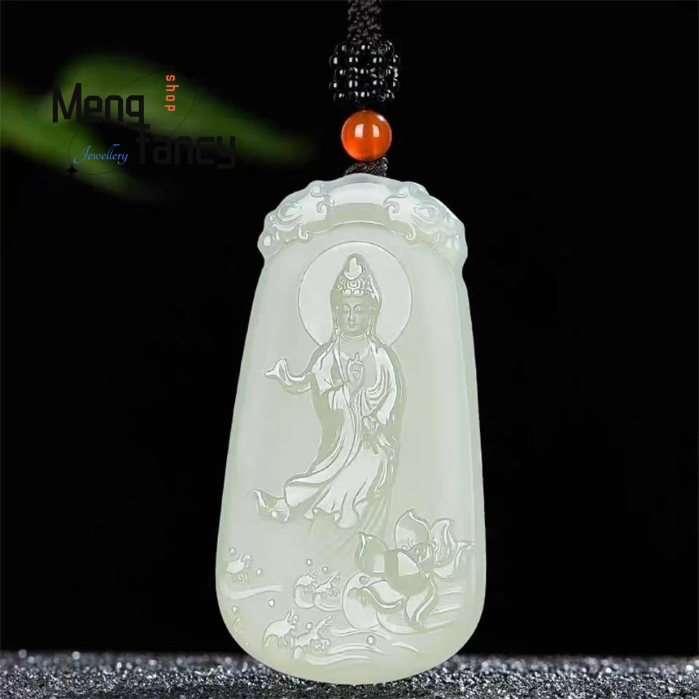 

Natural Hetian Green White Jade Clear Water Lotus Guanyin Bodhisattva Pendant Exquisite High-grade Fashion Jewelry Handicraft