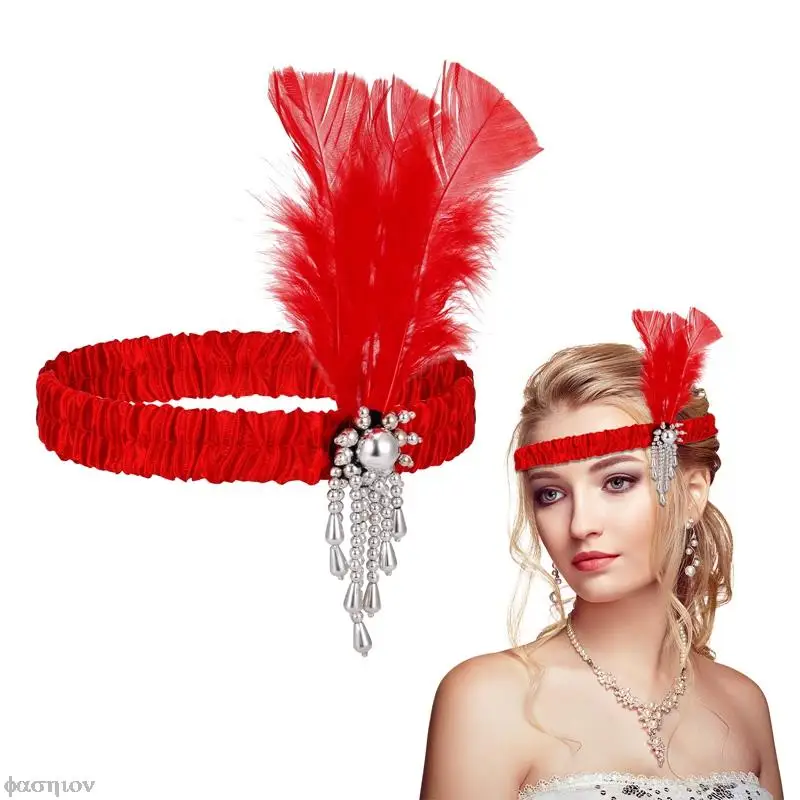 1920s Costume Accessories Headband Red Black Feather Pearl Headband Retro Party Props Dress Fashion Women Girls Hair Accessories