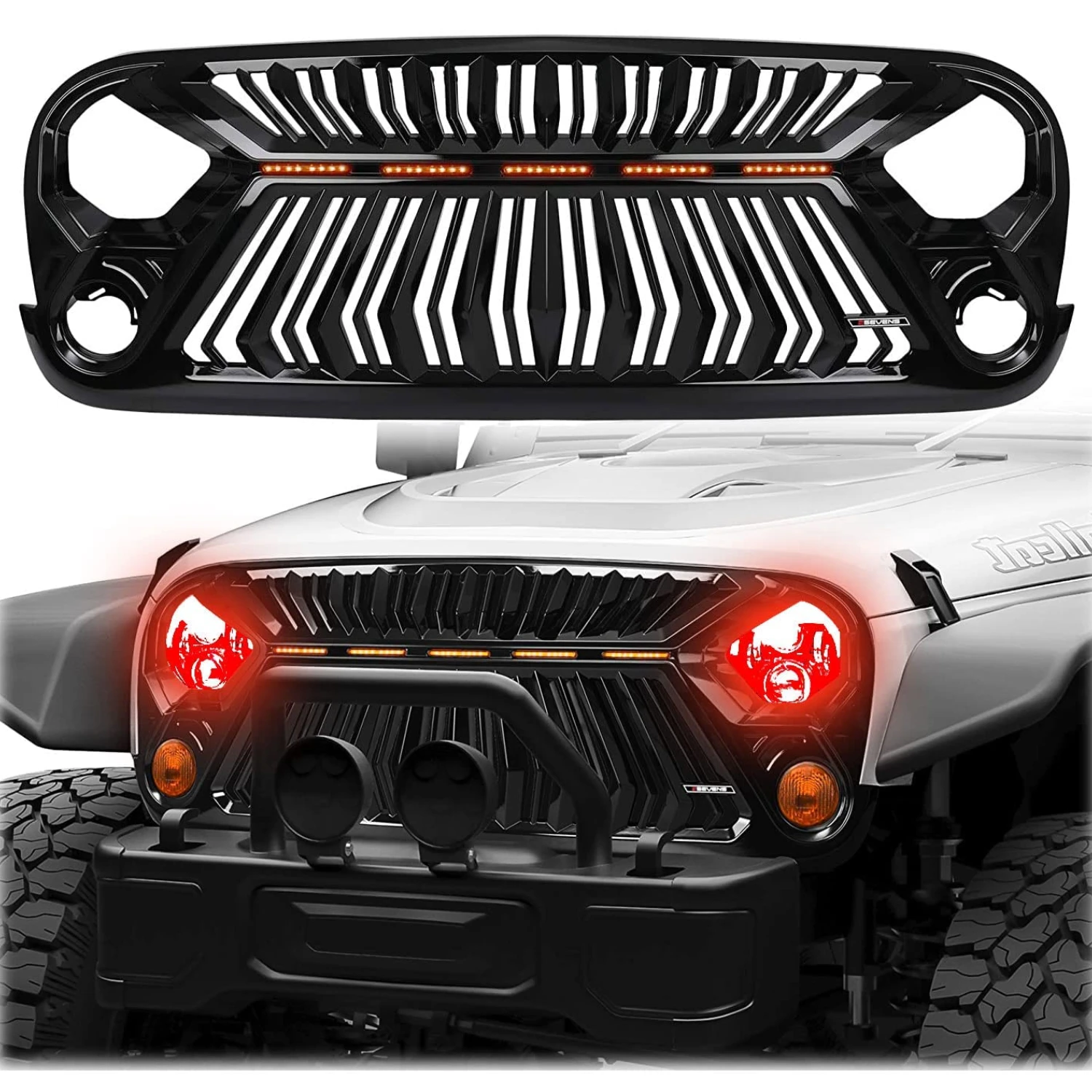 Front Grill Compatible with Jeep Wrangler JK/JKU 2007-2018 Thunderfury Style with 5 LED Grille Lights, Strip, Clips and Rivets