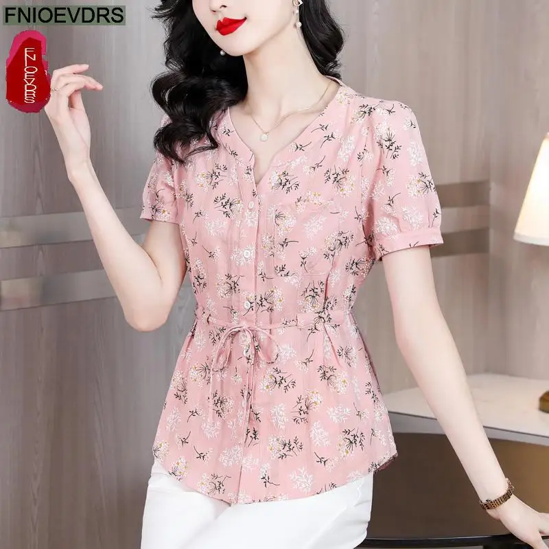 White Pink Drawstring Slim Waist Tops Women Summer Short Sleeve Cute Sweet Floral Print Retro Vintage Blouses Button Shirts