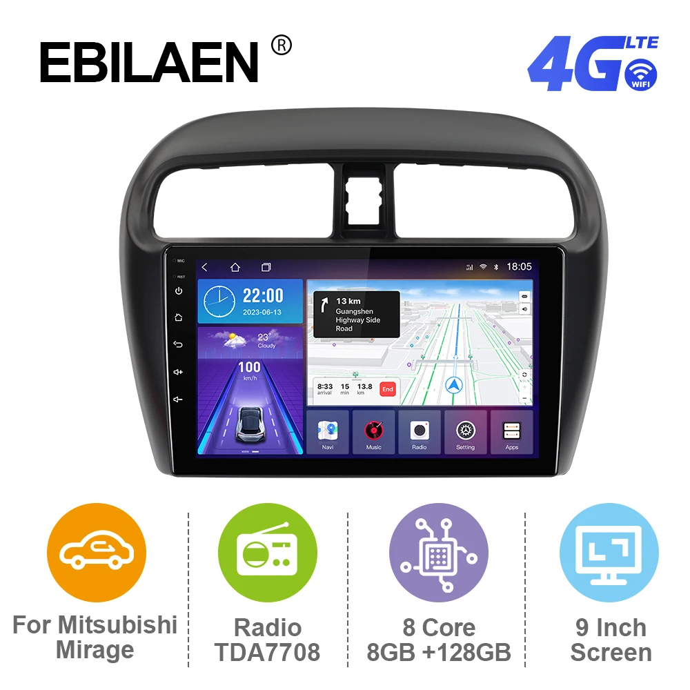 EBILAEN Android 12 Car Radio For Mitsubishi Mirage 2012-2018 Multimedia Player GPS RDS Carplay Autoradio Mirror Link 4G BT FM