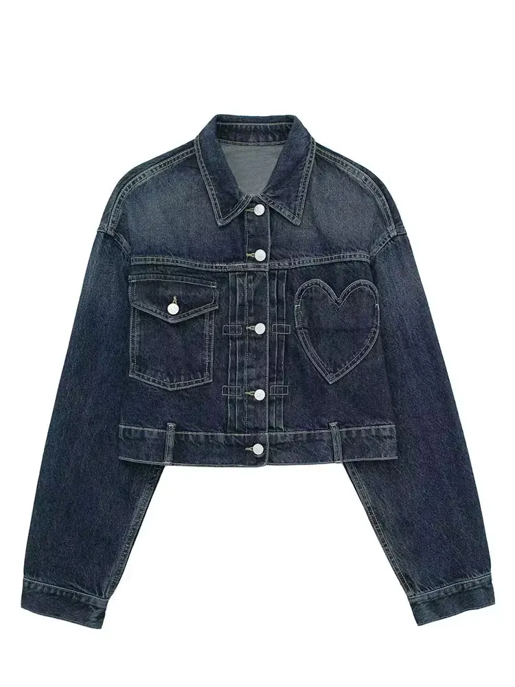 HH 2024 Women\'s Street Fashion Denim Suit Long Sleeve Lapel Buttons Heart Pattern Jacket+High Waist Straight Jeans Retro Set
