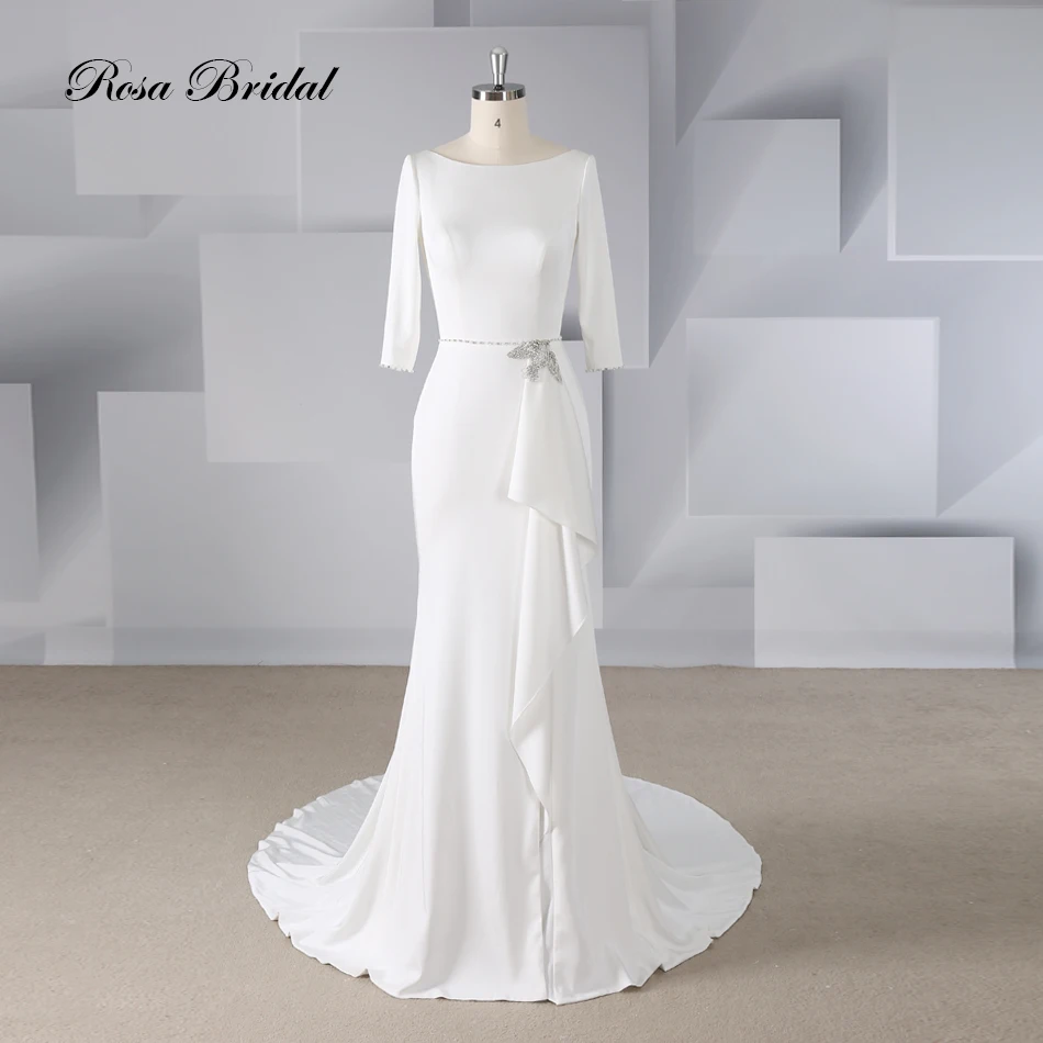 

New Simple Modern Satin Backless O-Neck Mermaid Wedding Dress