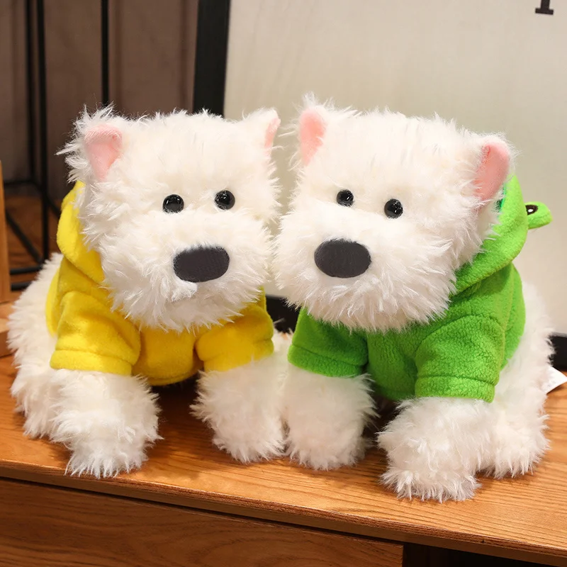 Lifelike Plush West Highland Dog White Terrier Toy Fluffy Real-life Stuffed Animals Dog with Clothes Kids Toy Birthday Gift