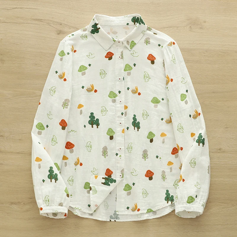 

Spring Autumn Casual Double-layer Cotton Yarn Long-sleeved Tops Women Clothing Cartoon Mushroom Female Shirts & Blouses U121