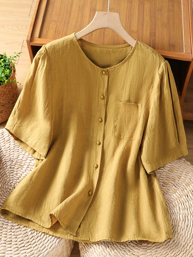 

Artistic Cotton Linen Short Sleeve Shirt Women's Single Button Loose Fit Top for All Sizes Summer 2026 Fashion Casual Shirt