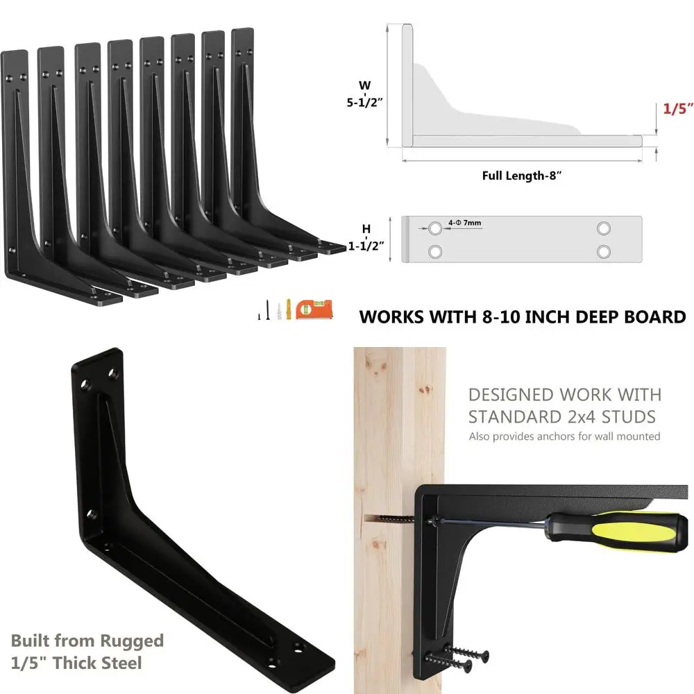 

Heavy Duty 8 Inch Metal Shelf Brackets for Mantel and Countertop Support, Ideal for Garage Storage Shelves, High Strength Constr