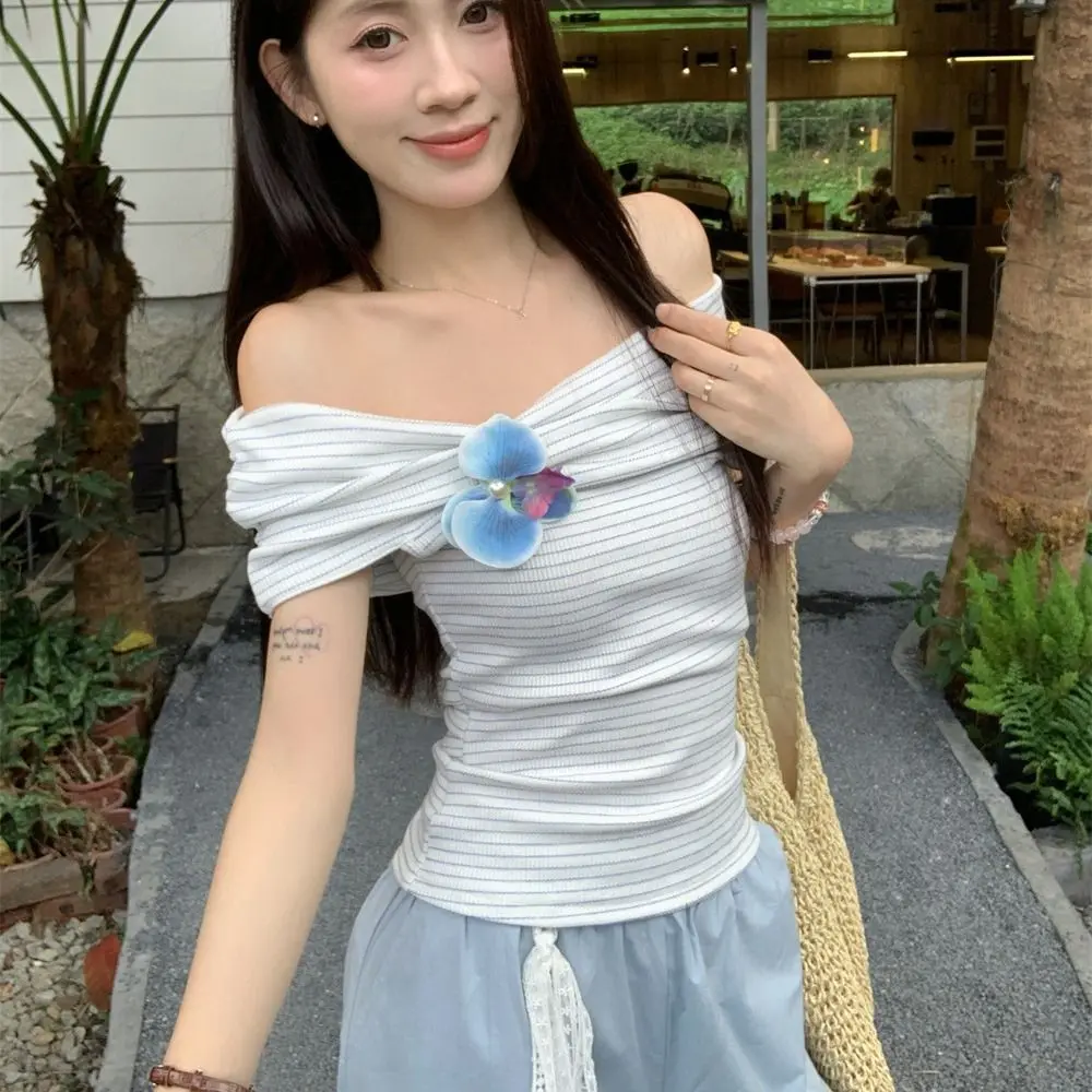

All-match Stripe Off Shoulder Crop Top Ins Sweet Stripe Flower T-shirt Female Clothing Slim Fit Bohemia T Shirts Summer