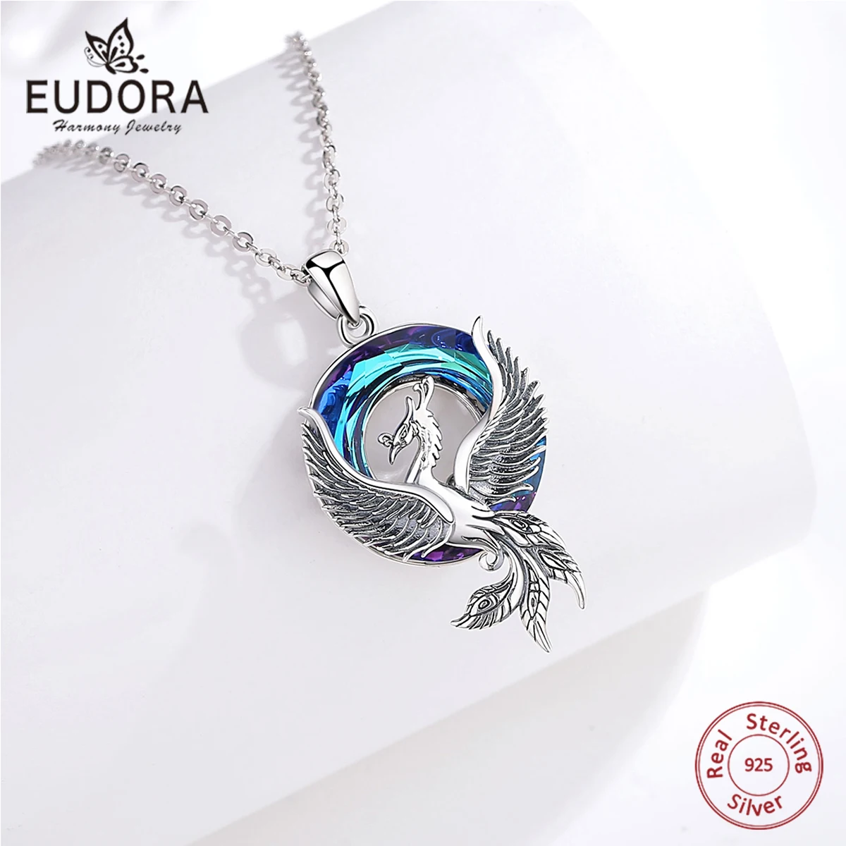 Eudora Real 925 Sterling Silver Phoenix Neckalce Luxury Austrian Crystal Personality Phoenix Pendant Fine Jewelry for Women Gift