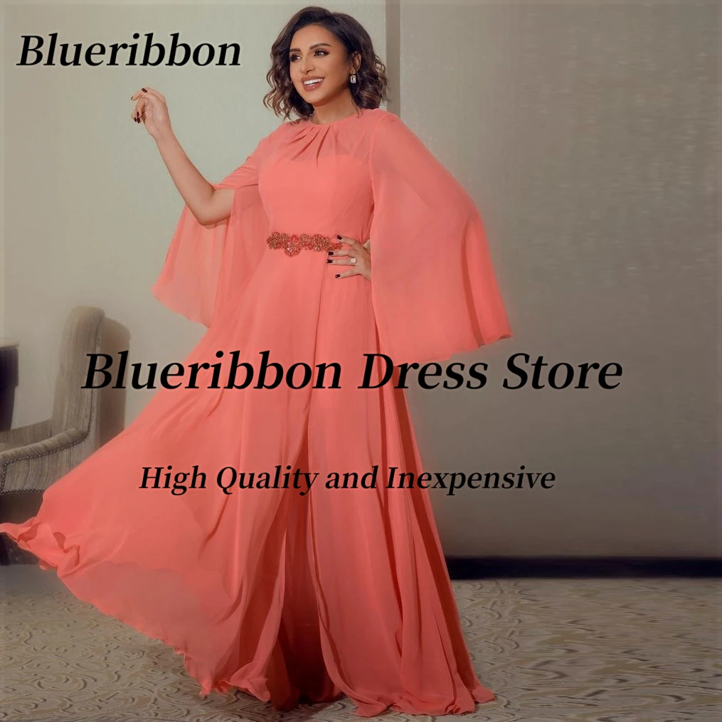 

Blueribbon Elegant Women Wear Chiffon A Line Evening Dresses Long Sleeves Prom Party Dress Beaded Sash فستان سهرة نسائي سعودية