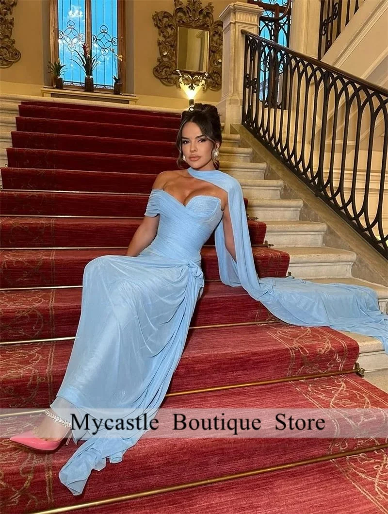 

New Simple Blue One Shoulder Evening Dress 2025 Scarf Mermaid Prom Dresses Pleats Formal Floor-Length Party Dress Customized