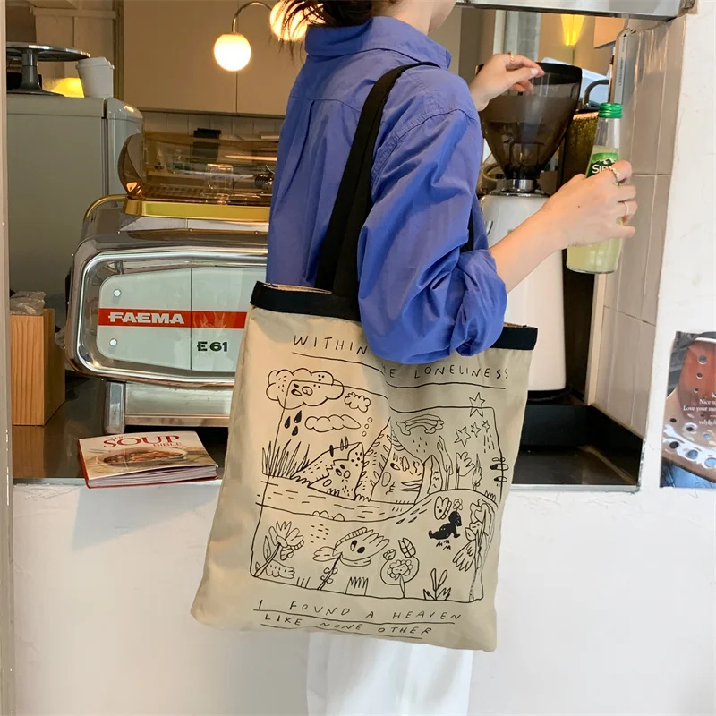 2023 Women Canvas Tote Bag Large Capacity Reusable Cotton Cloth Shopping Bag Japanese Casual Graffiti Handbag Shoulder Bag Tote