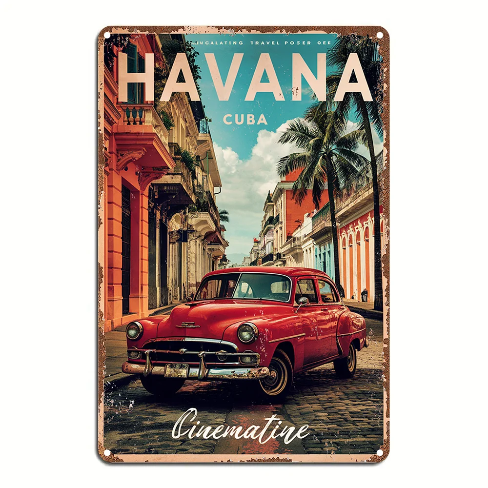 Decoración de la habitación Havana Cuba Vintage Metal Tin Sign, cartel artístico de pared de aluminio retro, impermeable, a prueba de polvo, duradero, fácil de colgar, Cinem