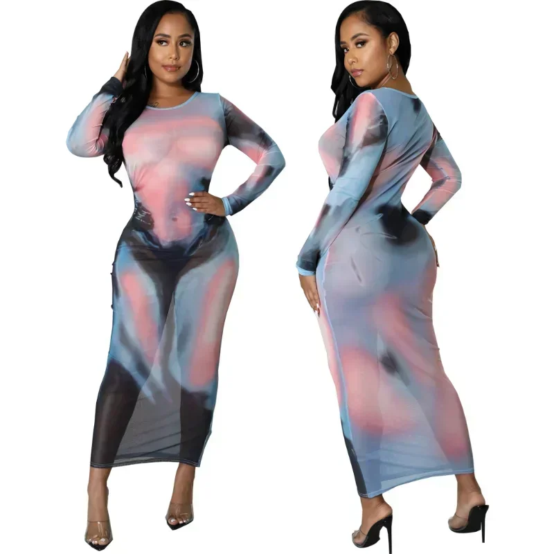 GUWU-Robe longue en maille imprimée en 3D pour femme, transparente, manches longues, midi, maxi, printemps, sexy, batterie, robes de soirée, éducatif, 2024